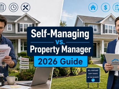 A split-screen image showing a stressed DIY landlord on one side and a calm property manager reviewing rental reports on the other