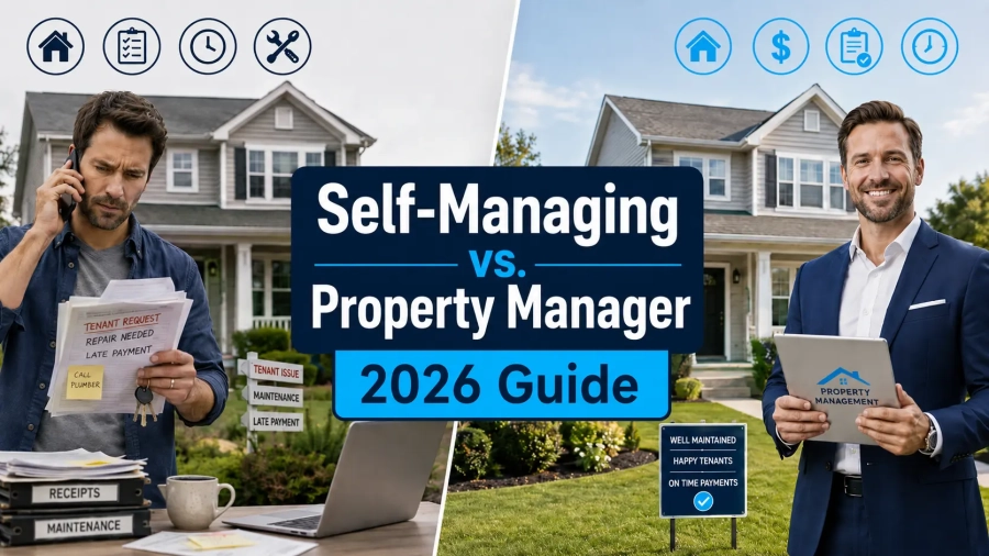A split-screen image showing a stressed DIY landlord on one side and a calm property manager reviewing rental reports on the other