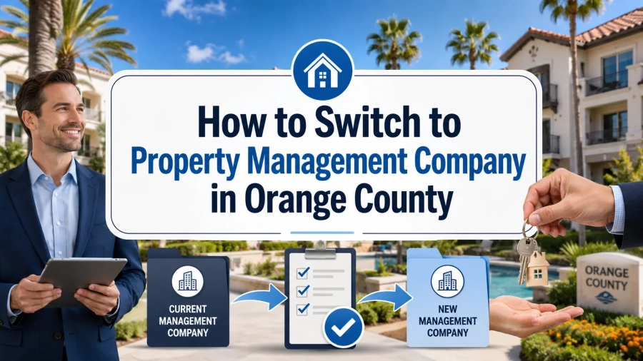 A landlord reviewing a property management transition checklist while handing off keys, lease files, and owner reports to a new property manager.