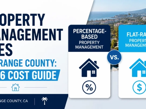 A clean pricing comparison graphic showing percentage-based property management vs. flat-rate property management for an Orange County rental.