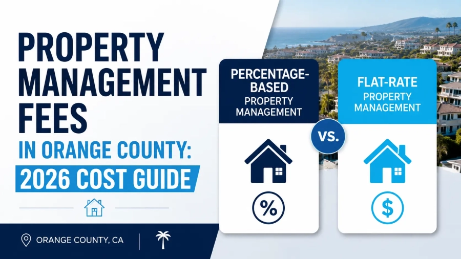 A clean pricing comparison graphic showing percentage-based property management vs. flat-rate property management for an Orange County rental.